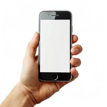 a man's hand holding an iphone 16 with a white screen isolated on a white background