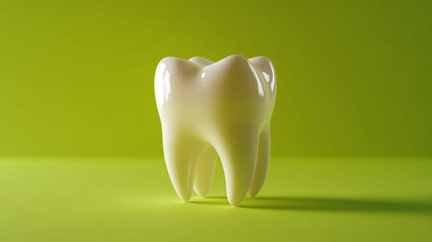 Close-up view of a single human tooth displayed against a vivid green backdrop, illustrating proper dental hygiene practices with a focus on cleanliness and health