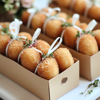Croquettes served in elegant boxes as if they were chocolates: a creative idea to display croquettes as a special delight, perfect for campaigns that seek a touch of sophistication.