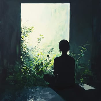 A human figure sitting in a room with a window letting in soft light. In the window are green plants, representing growth and renewal. The atmosphere is peaceful yet introspective.