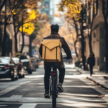 Food delivery man riding a bicycle heading to the delivery destination. with copy space