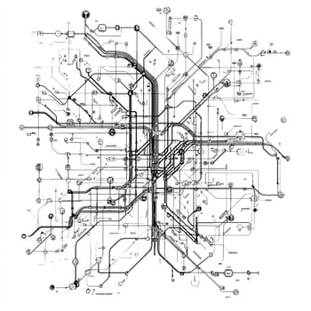 a complicated subway map, black and white, isolated over a white background