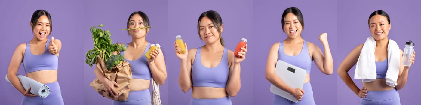 Asian lady engages in a series of healthy lifestyle activities, including holding fitness gear, fresh produce, and nutritious drinks, promoting wellness and fitness choices.