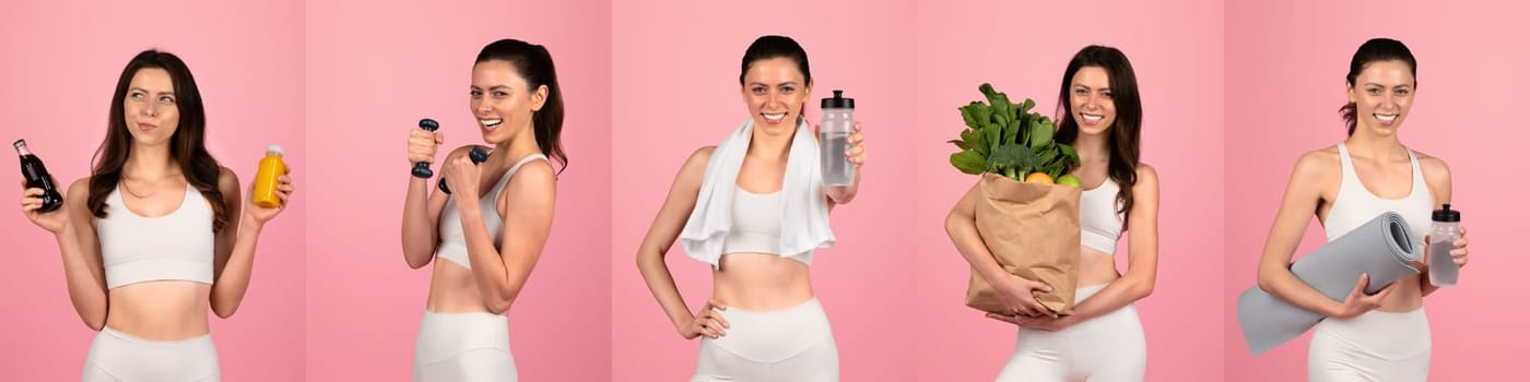 A woman demonstrates her commitment to fitness by holding workout gear, a water bottle, healthy food, and exercising accessories. Each pose reflects her dynamic healthy lifestyle and energy.
