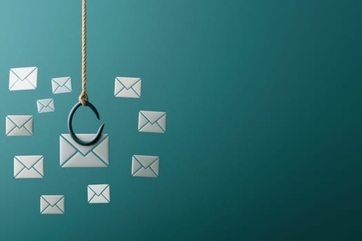 Phishing hook emerging from cloud of email icons, symbolizing online threats.