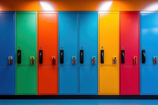 Brightly colored geometric school lockers in vibrant hues create lively atmosphere.