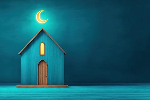 charming blue house with crescent moon above, creating serene atmosphere.