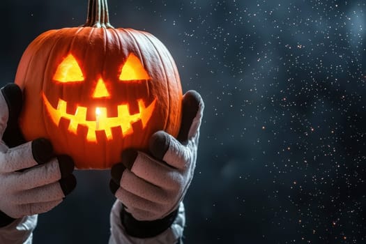 glowing jack o lantern held by gloved hands creates spooky atmosphere.