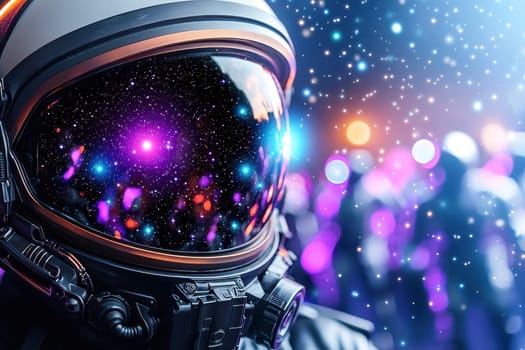 stunning close up of space helmet reflecting vibrant cosmic scene.