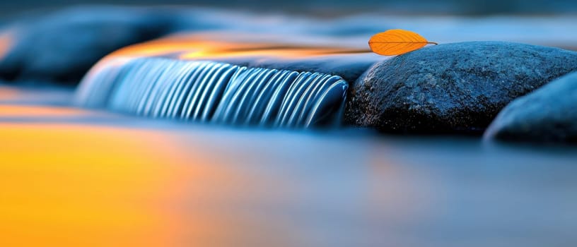 serene scene of flowing water gently cascading over smooth stones, with single leaf resting on.