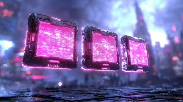 Futuristic glowing panels in neon lit environment create vibrant atmosphere.