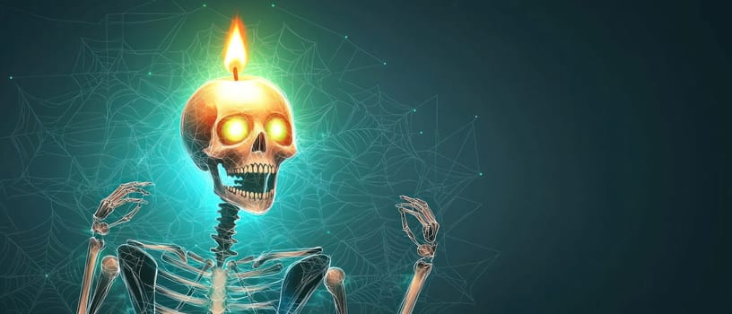 glowing skeleton with candle on its head, surrounded by spider webs, creates spooky atmosphere.