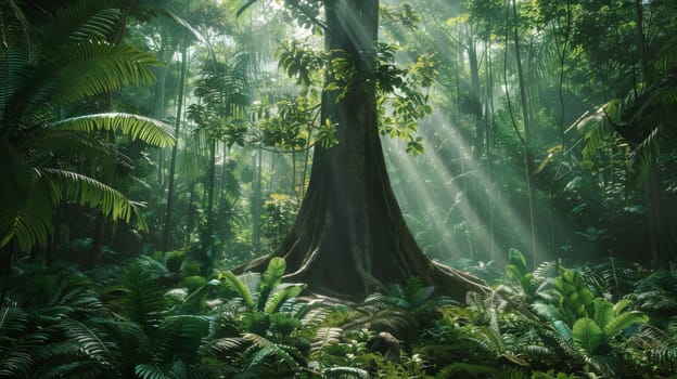 Majestic tropical rainforest featuring a prominent ancient kapok tree at its center. sunlight streams through the dense foliage, creating a serene and ethereal atmosphere. lush green plants and ferns surround the tree, emphasizing the vibrant ecosystem.