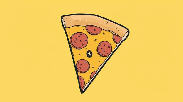 A single slice of pepperoni pizza is depicted against a vivid yellow backdrop, showcasing the classic cheese, sauce, and pepperoni toppings enticingly.
