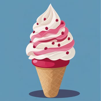 A colorful ice cream cone topped with soft-serve cream and sprinkled with red dots stands against a vibrant blue background, inviting a sweet treat.