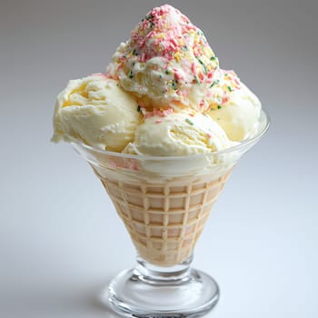 A delicious serving of smooth vanilla ice cream scoops crowned with vibrant sprinkles in a classic waffle cone cup rests on a soft background.
