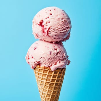 A waffle cone holds two scoops of creamy strawberry ice cream, topped with bits of fruit, vividly contrasting against a clear blue backdrop.
