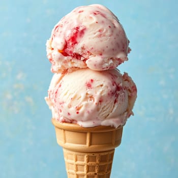 Two generous scoops of strawberry ice cream sit atop a classic waffle cone, creating a delightful treat perfect for a warm day. The soft pink hues contrast beautifully with the blue backdrop.