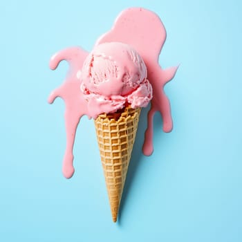 A waffle cone topped with a scoop of pink ice cream is melting, creating a vibrant visual. The background enhances the dessert's appeal.