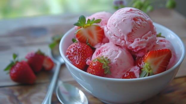 A lovely bowl filled with creamy pink strawberry ice cream sits on a wooden table, surrounded by fresh, bright strawberries. The warm sunlight enhances the vibrant colors.