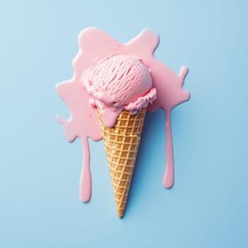A freshly served ice cream cone with a scoop of pink ice cream is melting, creating a colorful puddle on a soft blue surface, perfect for summer enjoyment.