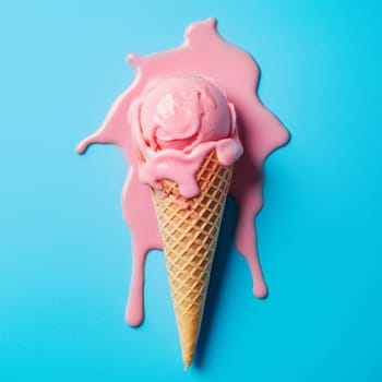 A waffle cone holds a scoop of pink ice cream, which is melting and dripping onto a vibrant blue background, suggesting a warm summer day.