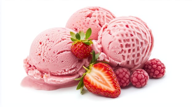Three generous scoops of strawberry ice cream are beautifully arranged with fresh strawberries and raspberries, creating a delightful treat perfect for hot summer days.