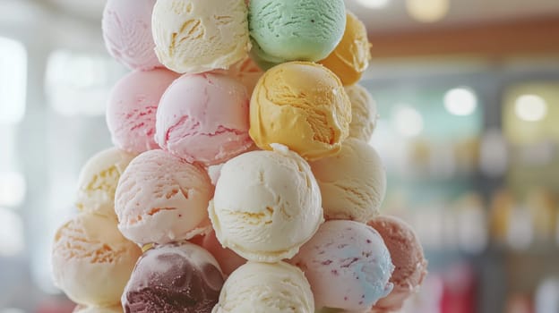 A towering display of ice cream scoops in various colors and flavors sits at a dessert shop. Customers enjoy the lively atmosphere on a sunny day, excited for their sweet treats.