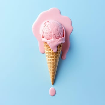 A vibrant pink ice cream scoop sits on a waffle cone, slowly melting and dripping onto a light blue surface, creating a playful and colorful display.