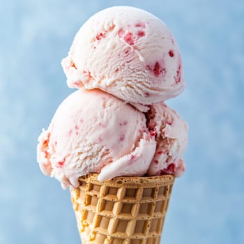 A double scoop of creamy strawberry ice cream sits atop a crispy waffle cone, providing a refreshing treat against a vibrant blue backdrop.