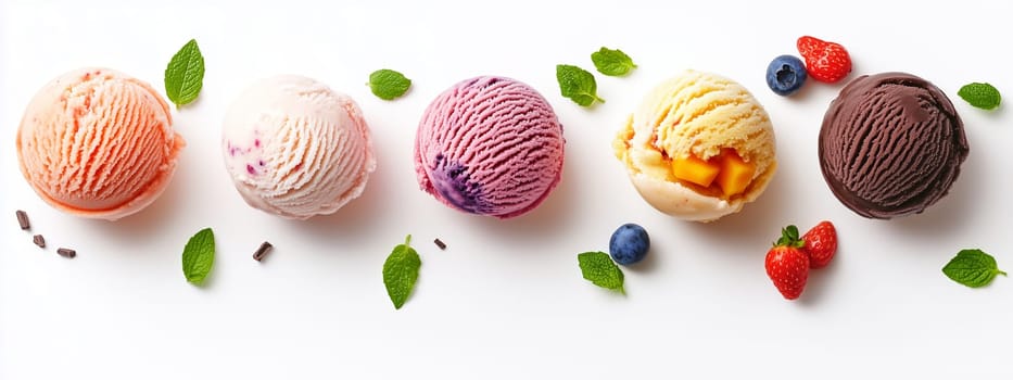 Five vibrant scoops of ice cream in different flavors, artfully arranged on a bright background, surrounded by fresh berries and mint leaves, creating a tempting dessert display.