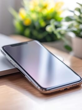 Sleek smartphone on wooden surface with blurred yellow flowers in background, showcasing technology in a natural setting.