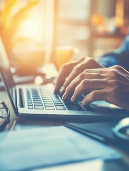 Close up of hands typing on a laptop keyboard bathed in warm golden light, capturing a moment of productivity at dawn.