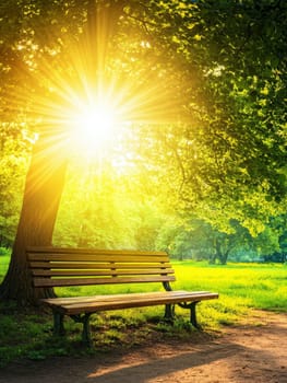 Wooden park bench bathed in golden sunlight beneath a lush green tree, creating a serene and inviting scene in a public park.