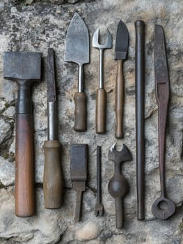 Collection of antique blacksmith and metalworking tools arranged on a weathered stone background, showcasing traditional craftsmanship and industrial heritage.