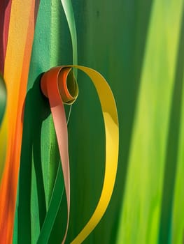 Abstract composition of vibrant curved paper strips in green, yellow, and orange hues against a textured background, showcasing depth and shadow.