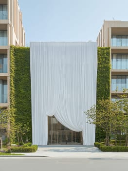 Striking entrance to a modern building featuring a large white curtain framed by green living walls, creating a unique architectural statement.