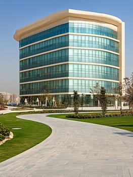 Contemporary curved glass office building with reflective facade, surrounded by manicured lawns and paved walkways, under clear blue sky.