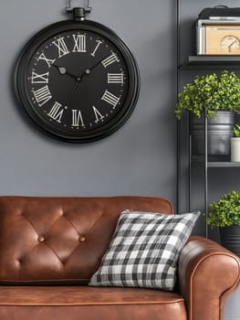 Elegant living room interior featuring a large black vintage clock, brown leather sofa, plaid pillow, and metal shelving unit against a gray wall.