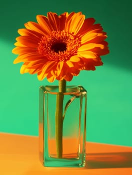 A vivid orange gerbera daisy in a clear glass vase against a contrasting green background, showcasing bold colors and simple elegance.