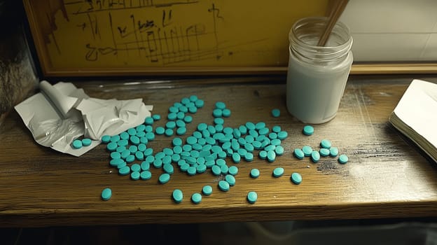 Blue pills spill from a bottle onto a desk, with a glass of water and notebook nearby. The image conveys healthcare, medication, addiction, mental health, and stress