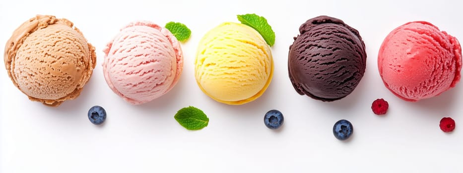 Five distinct scoops of ice cream in chocolate, strawberry, vanilla, lemon, and black currant flavors are beautifully displayed, accompanied by fresh mint leaves and berries.