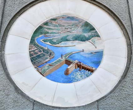 Moscow, Russia - Sept 7. 2024. Majolica medallions on the column of the Northern River Terminal. Historical landmark