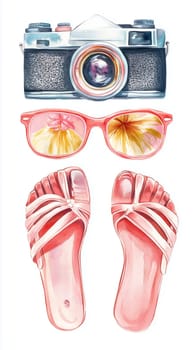 This setup showcases a vintage camera, trendy pink sunglasses reflecting floral patterns, and stylish sandals, all symbols of a carefree summer vibe.