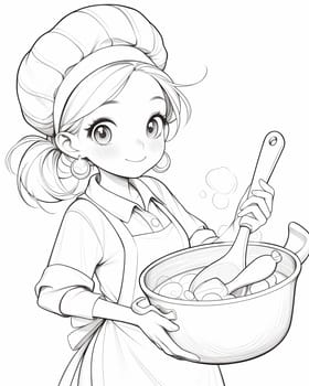 Coloring page for kids, coloring page girl cooking food