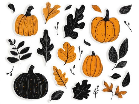 A vibrant array of pumpkins and autumn leaves fills the design, capturing the essence of the fall season with bold colors and playful shapes.