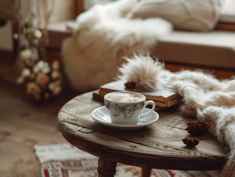 A cup of coffee sits gracefully on a rustic wooden table, accompanied by books and a soft blanket, creating a serene and inviting atmosphere.