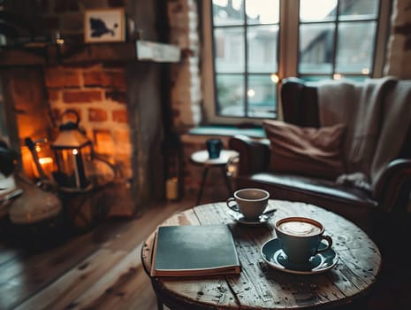 A cozy living room features two steaming coffee cups beside an open book on a wooden table. Soft lighting from a nearby fireplace creates a warm atmosphere on a chilly evening.