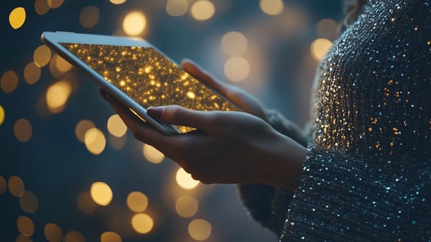 A close-up of hands holding a tablet device, displaying shimmering lights, set against a backdrop of twinkling lights, creating a cozy, festive atmosphere indoors.