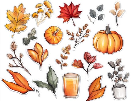 This artwork showcases a variety of autumn-themed illustrations, including colorful leaves, pumpkins, and mushrooms, all reflecting the warm tones of fall.